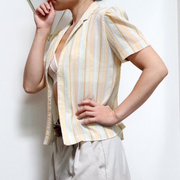 70s Yellow Pastel Rainbow Striped Overcoat w/ Short Sleeve & Slim Collar, Gauzy - Picture 7 of 10